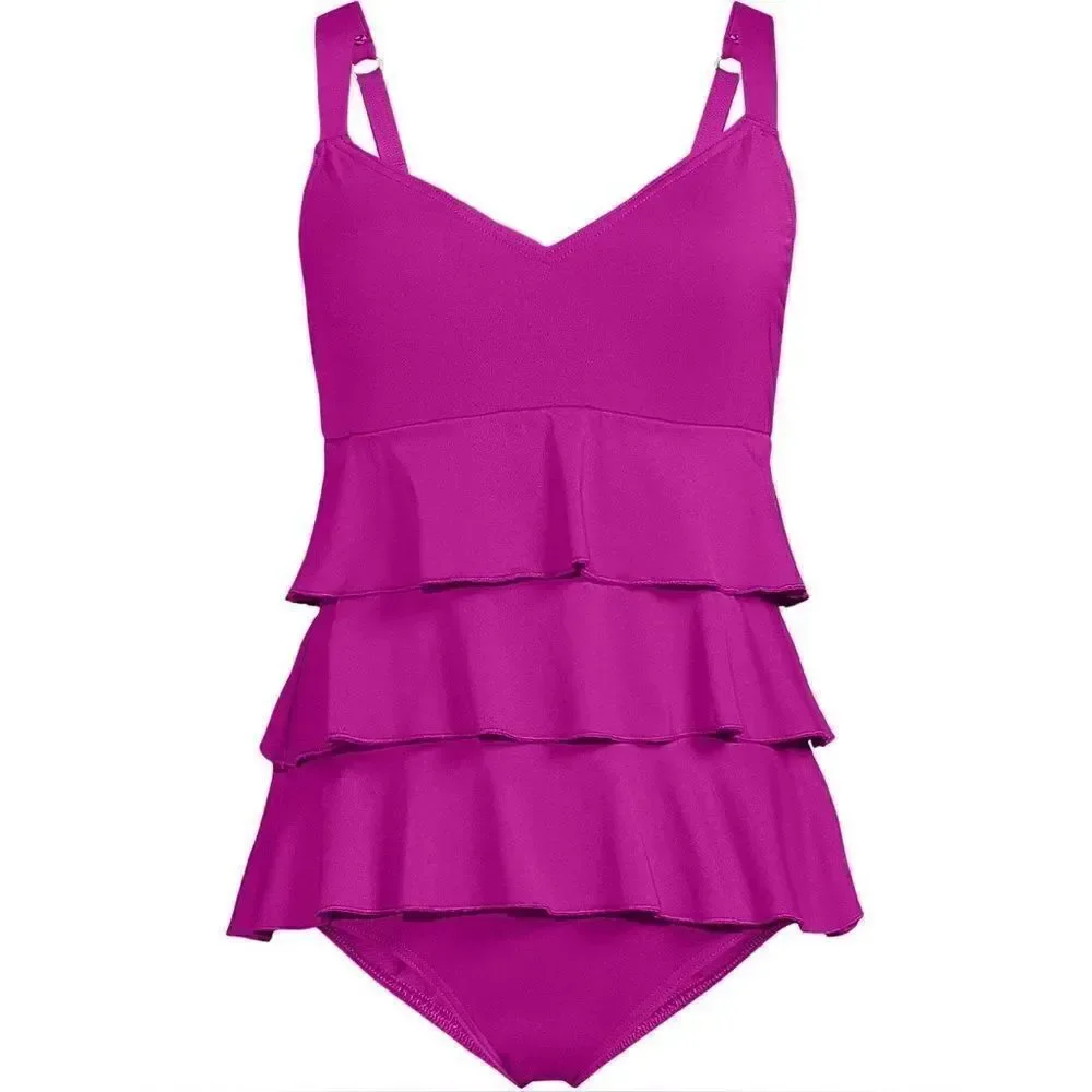Land's End plus One Piece smooth Control Fauxkini One Piece Swim Crimson Rose 14